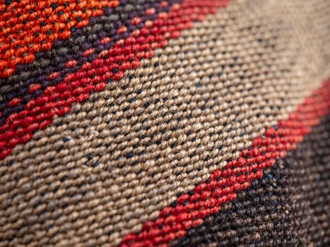 Detailed close-up of colorful woven textile showcasing intricate pattern and texture.