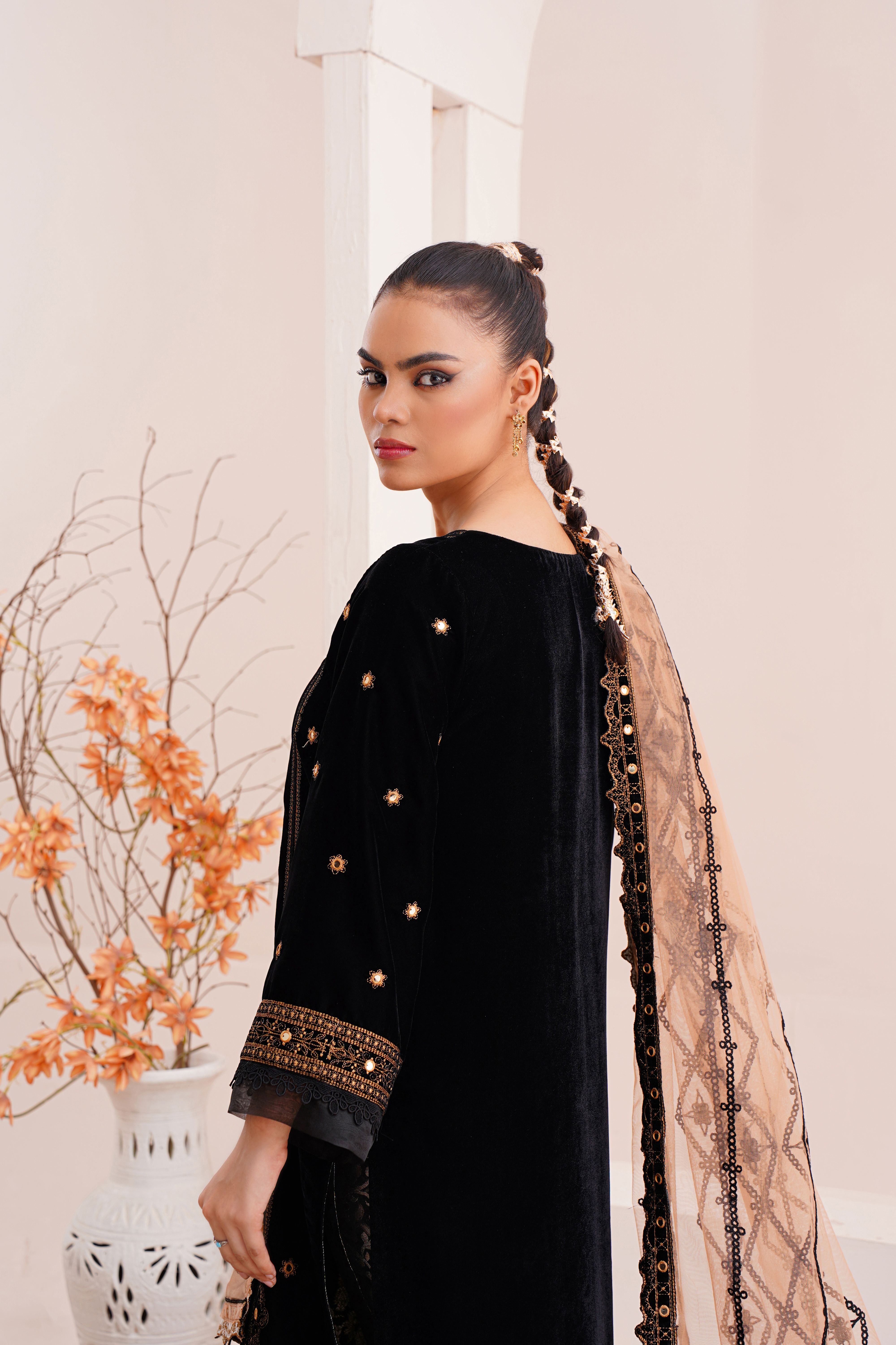 A stunning portrait of a model in traditional eastern attire, showcasing elegance and style.