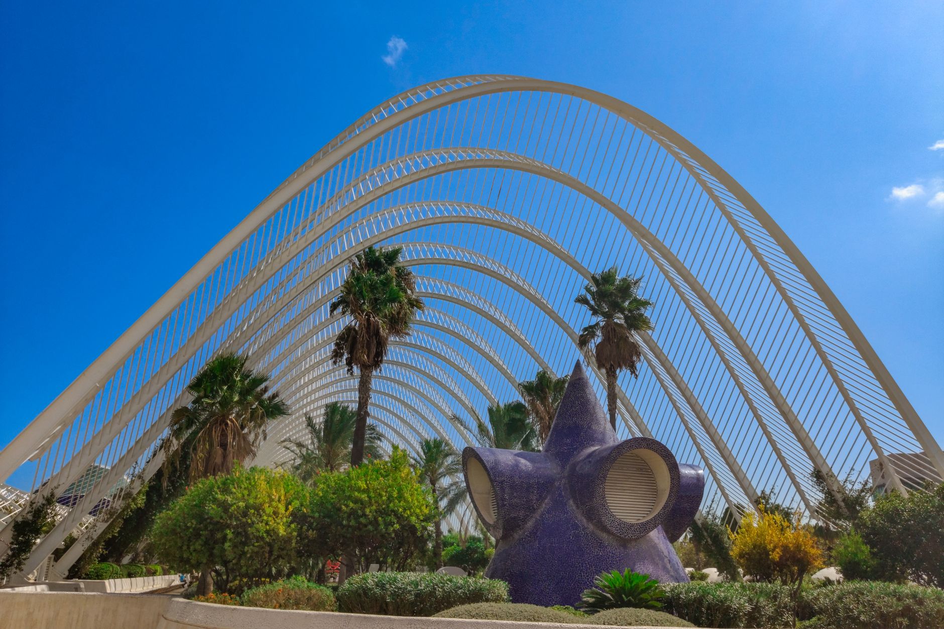 Lush gardens under the architectural arches of L'Umbracle in Valencia, Spain.