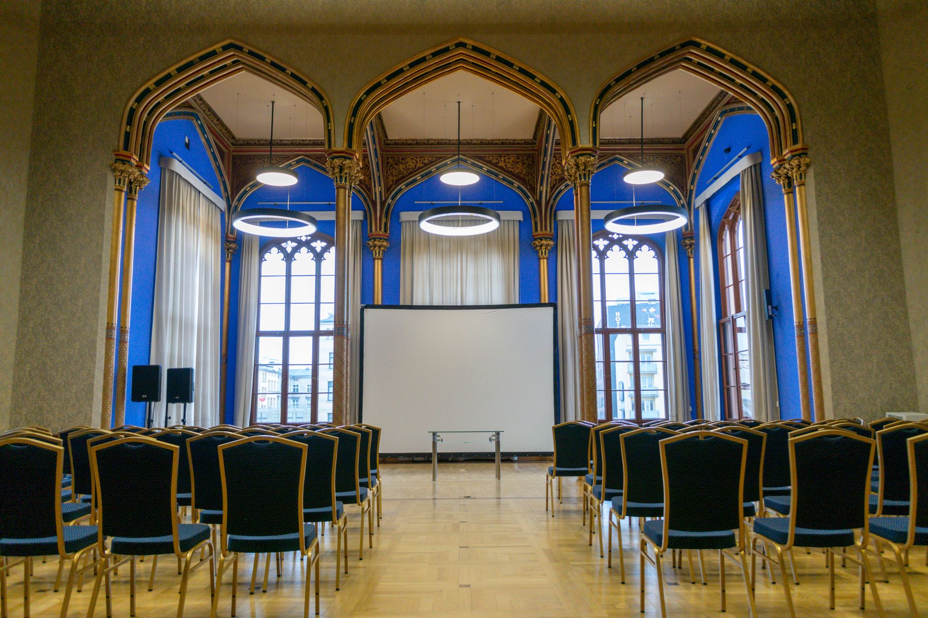 Stunning architectural interior of a conference room in Wrocław, showcasing historical design elements.
