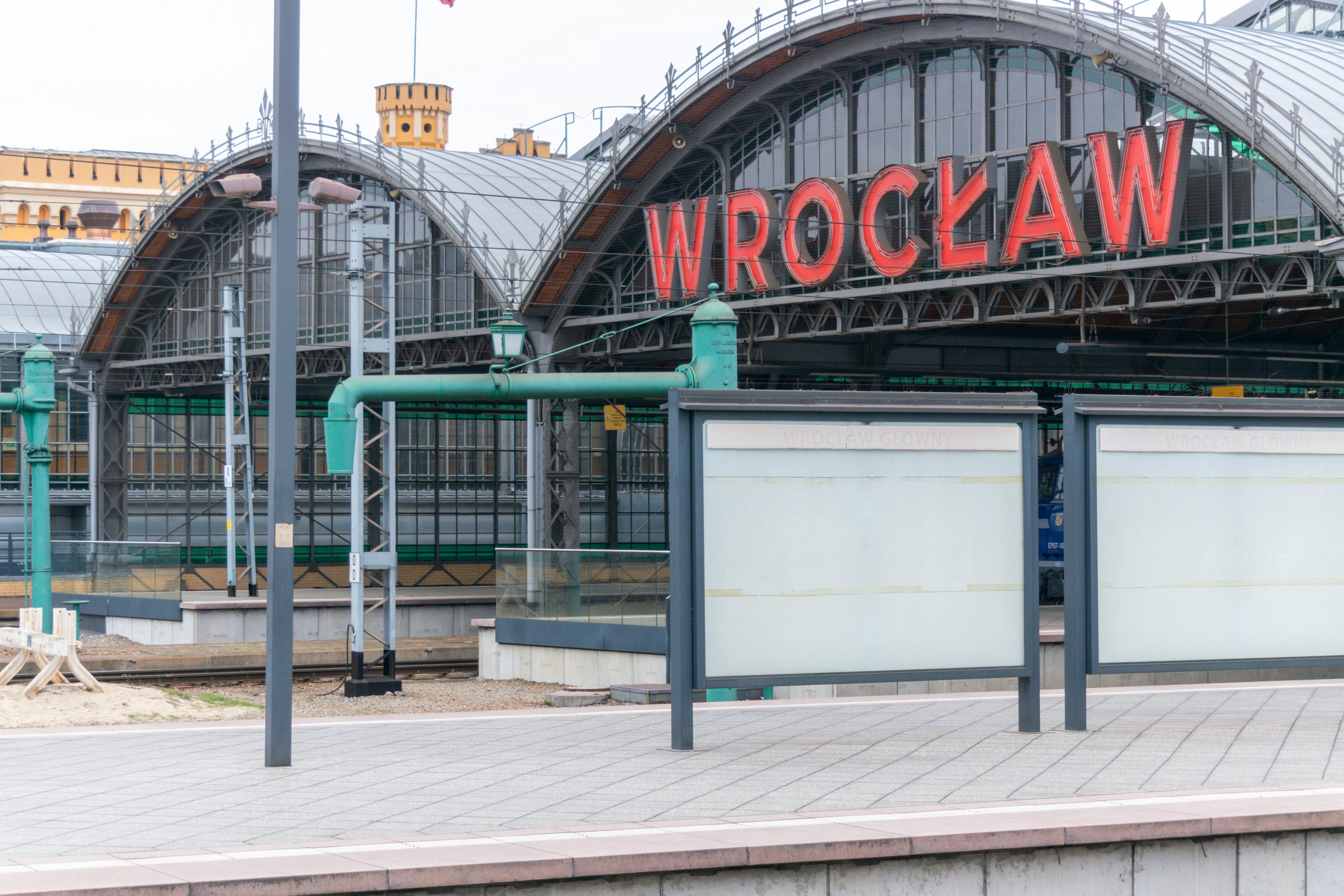 View of the iconic Wrocław Central Railway Station in Poland.