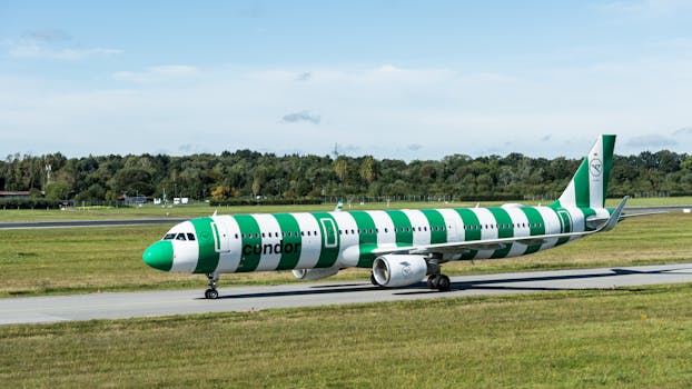 Green-striped Condor airplane on the tarmac at Hamburg Airport in daylight.