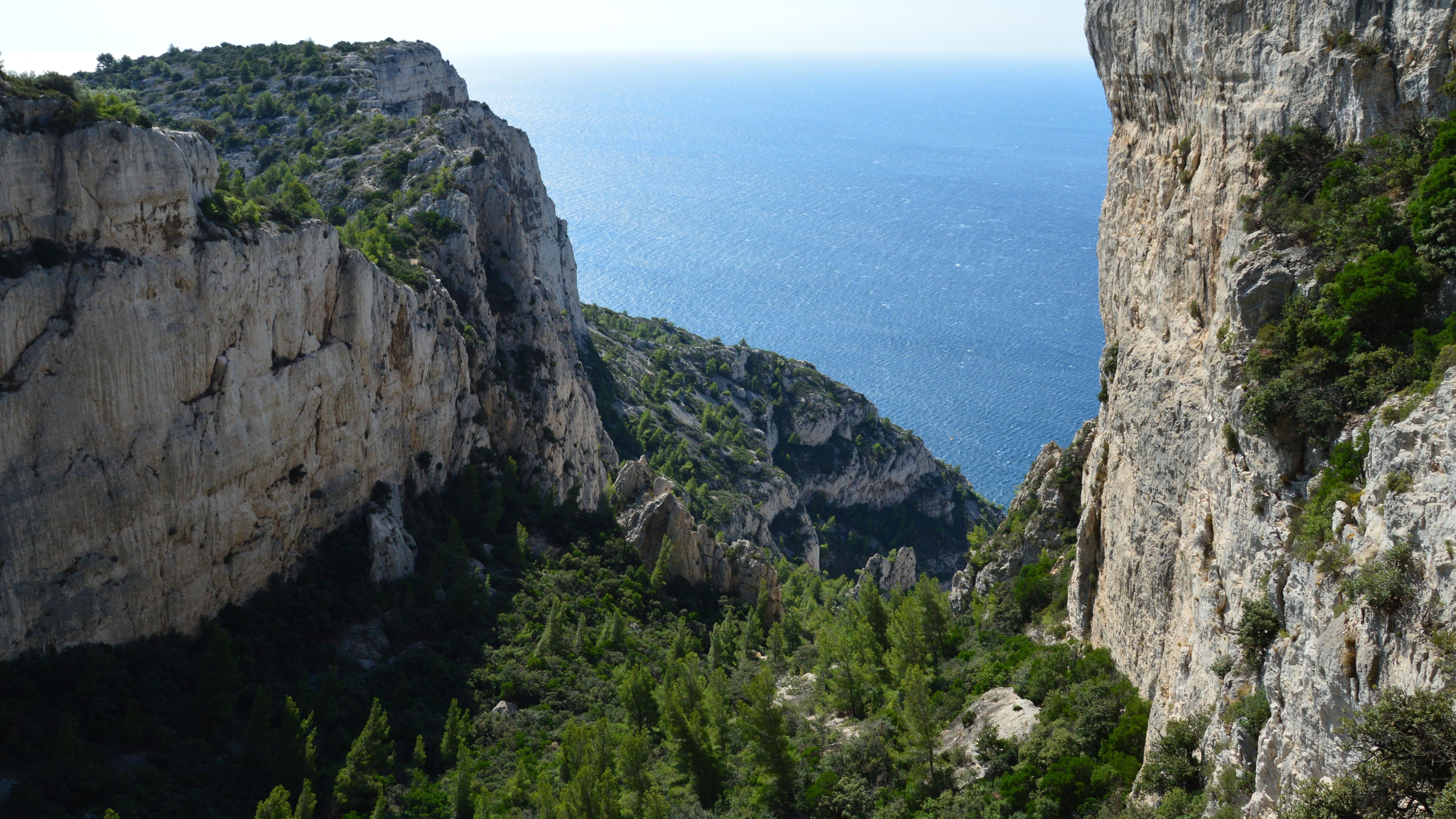 Breathtaking view of Calanques cliffs and Mediterranean Sea in Marseille, France.