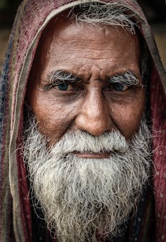 一位留着胡须、戴着头巾的孟加拉国老人的特写肖像