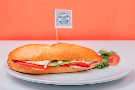 Delicious sandwich with fresh vegetables on a plate against an orange background.