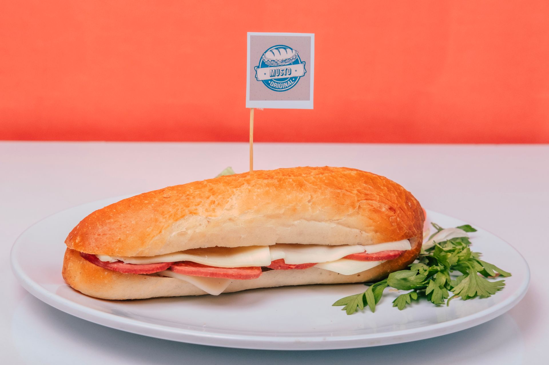 Fresh Sub Sandwich with Logo on Plate