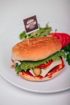 Close-up of a delicious cheese burger with fresh vegetables on a plate.