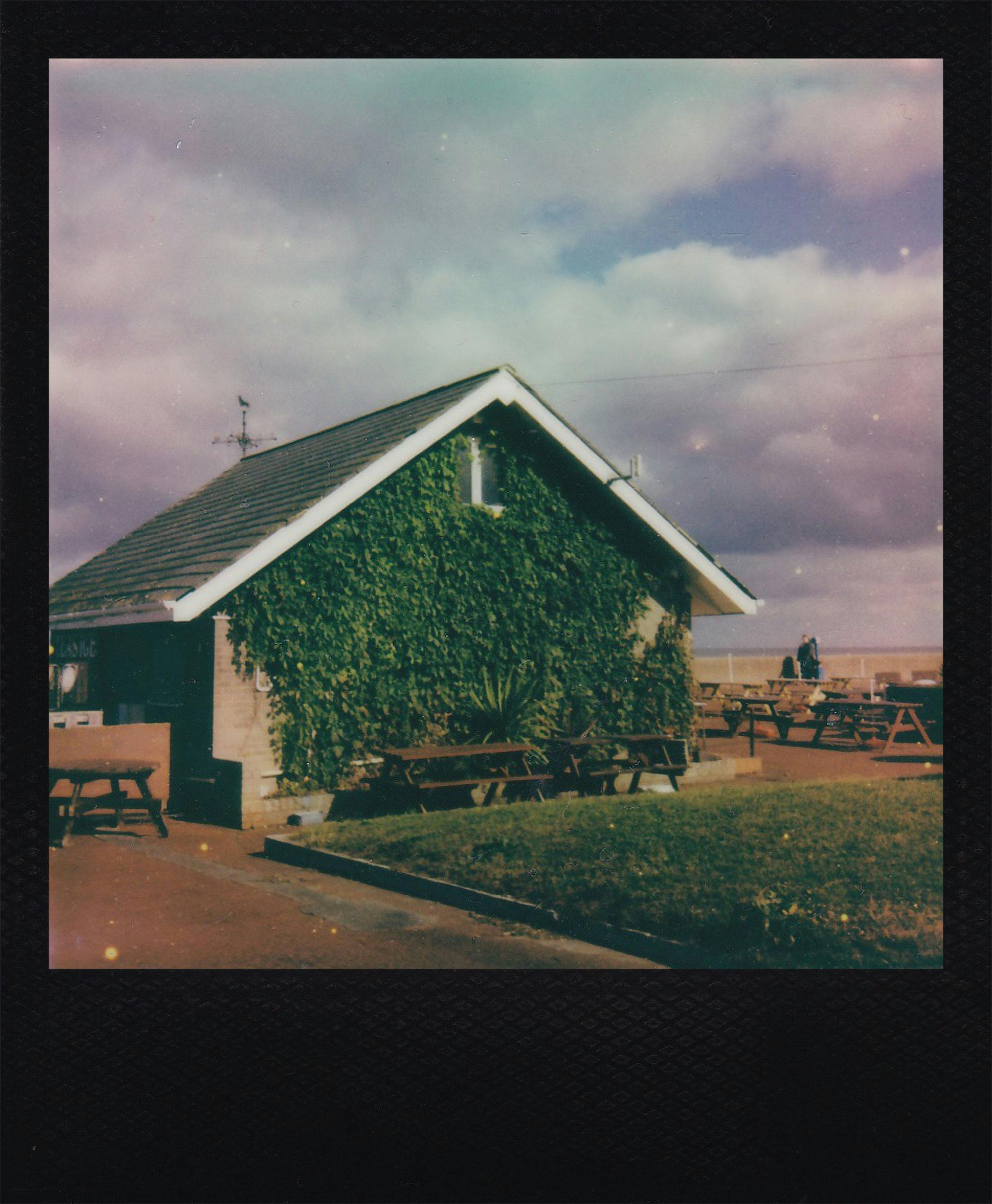 Vintage film photo of a quaint ivy-covered cottage with outdoor seating under a cloudy sky.