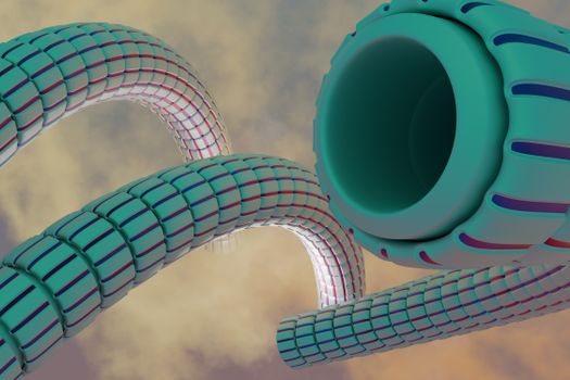 A visually striking 3D render of intertwined futuristic tubes against a cloudy sky. — photo by Steve Johnson