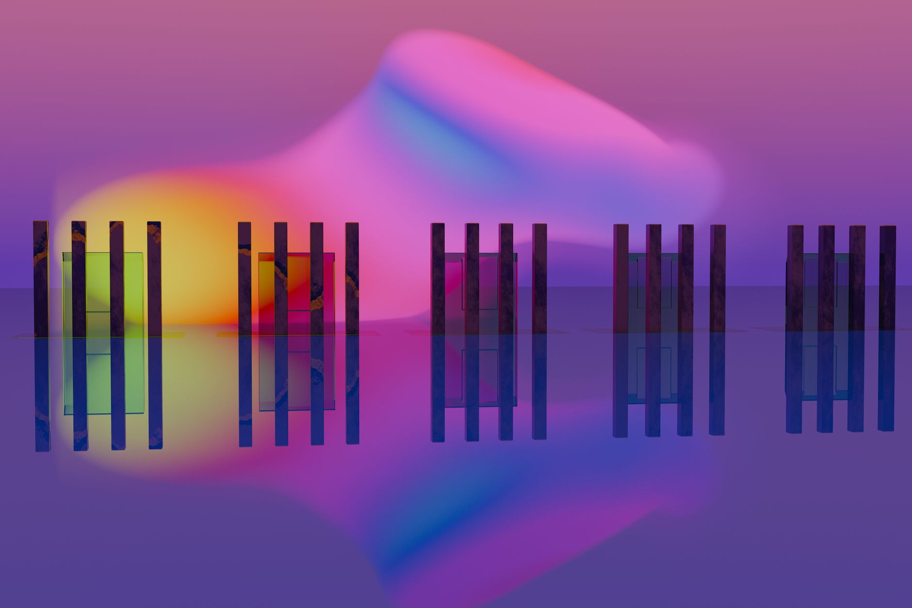 A vivid and colorful abstract art piece with reflections creating a surreal and modern look.