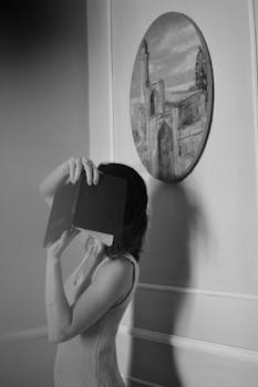 Artistic black and white portrait of a person indoors with a painting and book.
