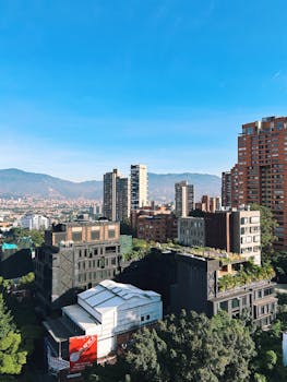 Bright day cityscape of Medellín, Colombia featuring modern architecture and green spaces.