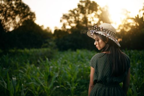 Free A woman wearing a sun hat stands in a lush green field at sunset, surrounded by nature. Stock Photo