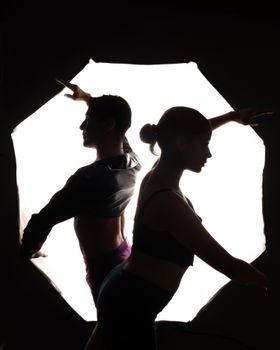 Silhouetted dancers in a studio, capturing elegance and grace in contemporary dance poses.