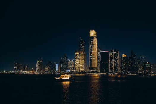 Stunning view of Abu Dhabi's illuminated skyline by night, reflecting on the calm sea waters.