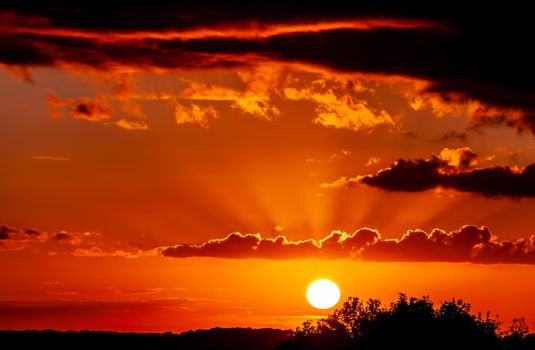 Stunning sunset with vibrant orange sky and silhouettes of trees and clouds.