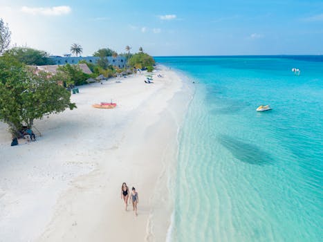 Aerial view of two women walking on a beautiful white sand beach in the Maldives with turquoise water.