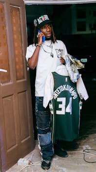 Man holds Antetokounmpo jersey in urban setting, wearing casual attire. by Aj Collins  Artistry