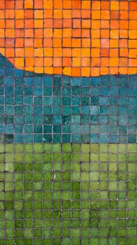 Vibrant mosaic artwork in orange, blue, and green squares, showcasing an abstract geometric design.