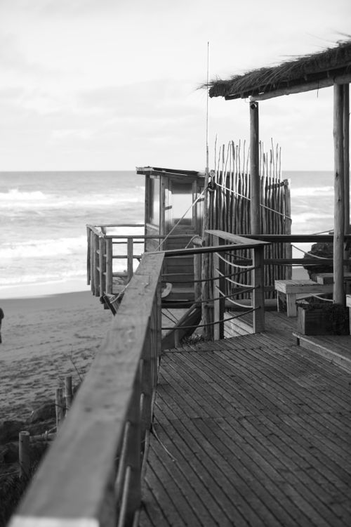 Free Black and white photo of a wooden beach hut on the shore in Chapadmalal, Argentina. Stock Photo