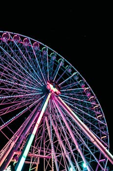 主题公园内，明亮的摩天轮映衬着夜空，灯光璀璨