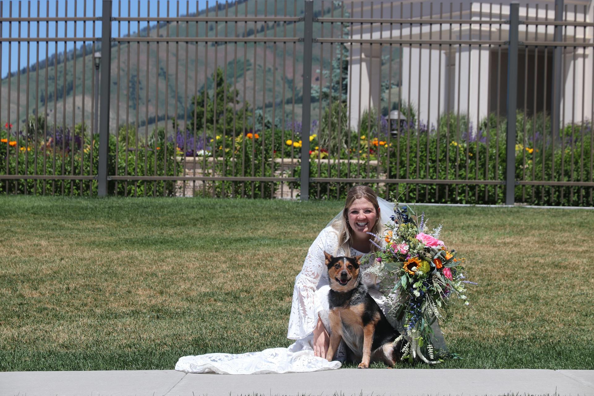 Bride with Dog and Bouquets at Outdoor Wedding