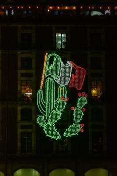 Vibrant LED depiction of flag and cactus in Mexico City for Independence Day celebrations.