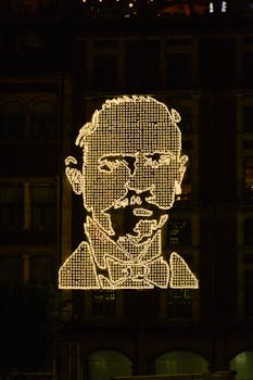 Illuminated portrait in LED lights at Mexico City's Zocalo, celebrating Mexico's Independence Day.
