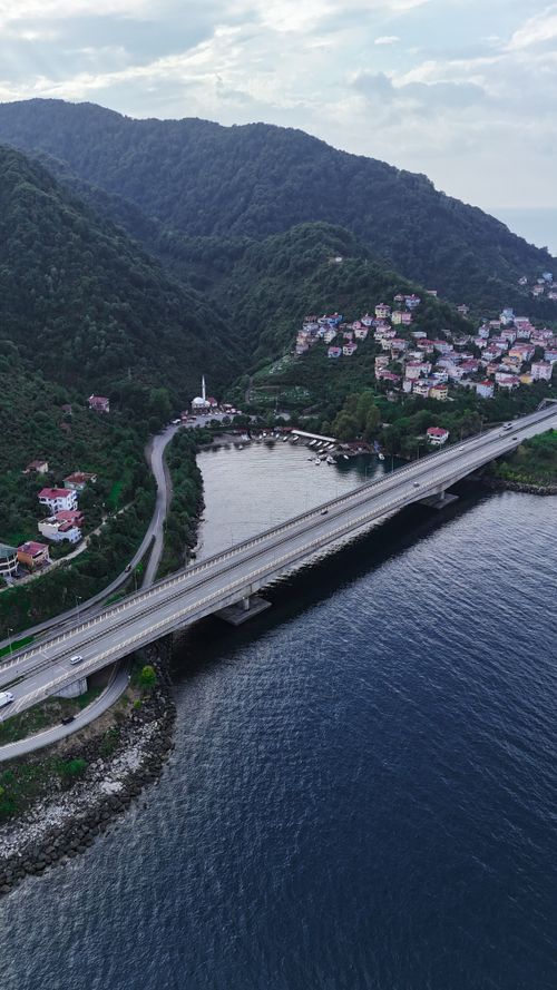 Free Scenic aerial view of a highway bridge with a coastal town nestled between lush mountains. Stock Photo