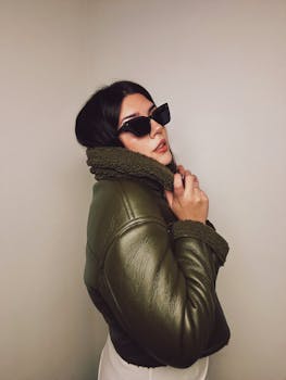 A stylish woman poses in an olive green jacket and sunglasses, against a neutral background.