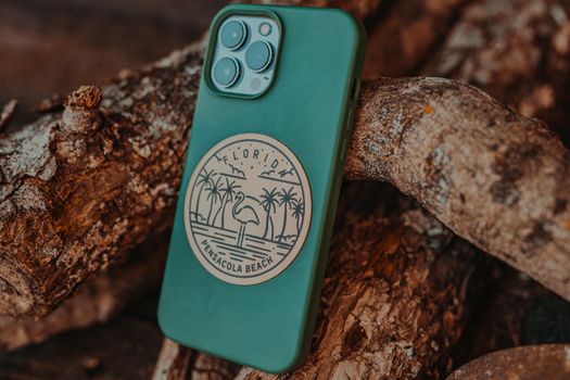 A stylish iPhone case with a Pensacola Beach design resting on driftwood.
