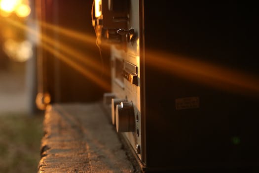 A vintage reel-to-reel recorder bathed in warm sunlight creating a nostalgic atmosphere.