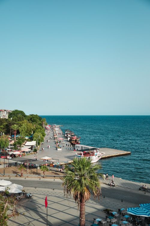 Free Aerial view of a busy beach promenade with palm trees, clear skies, and calm sea. Stock Photo