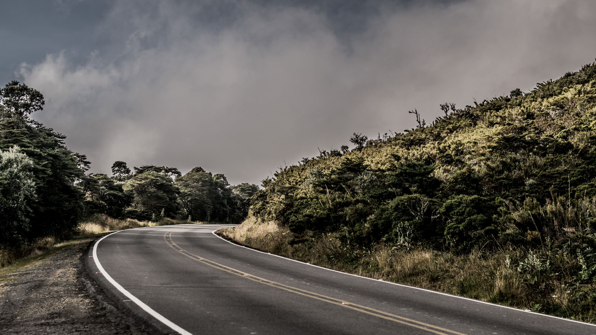 Winding road through lush greenery in Cartago, Costa Rica under a cloudy sky.