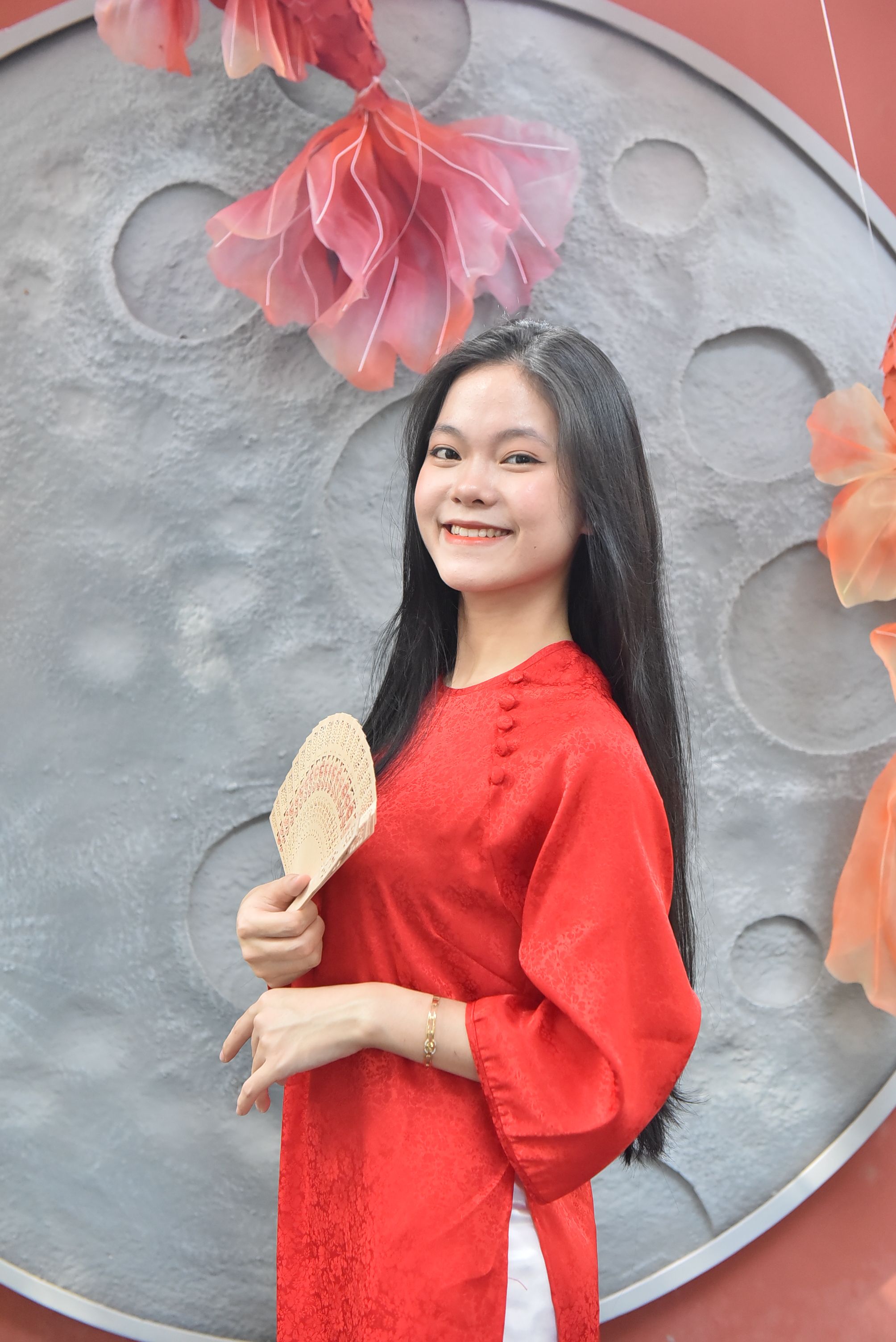Young Woman in Red Dress with Traditional Fan · Free Stock Photo