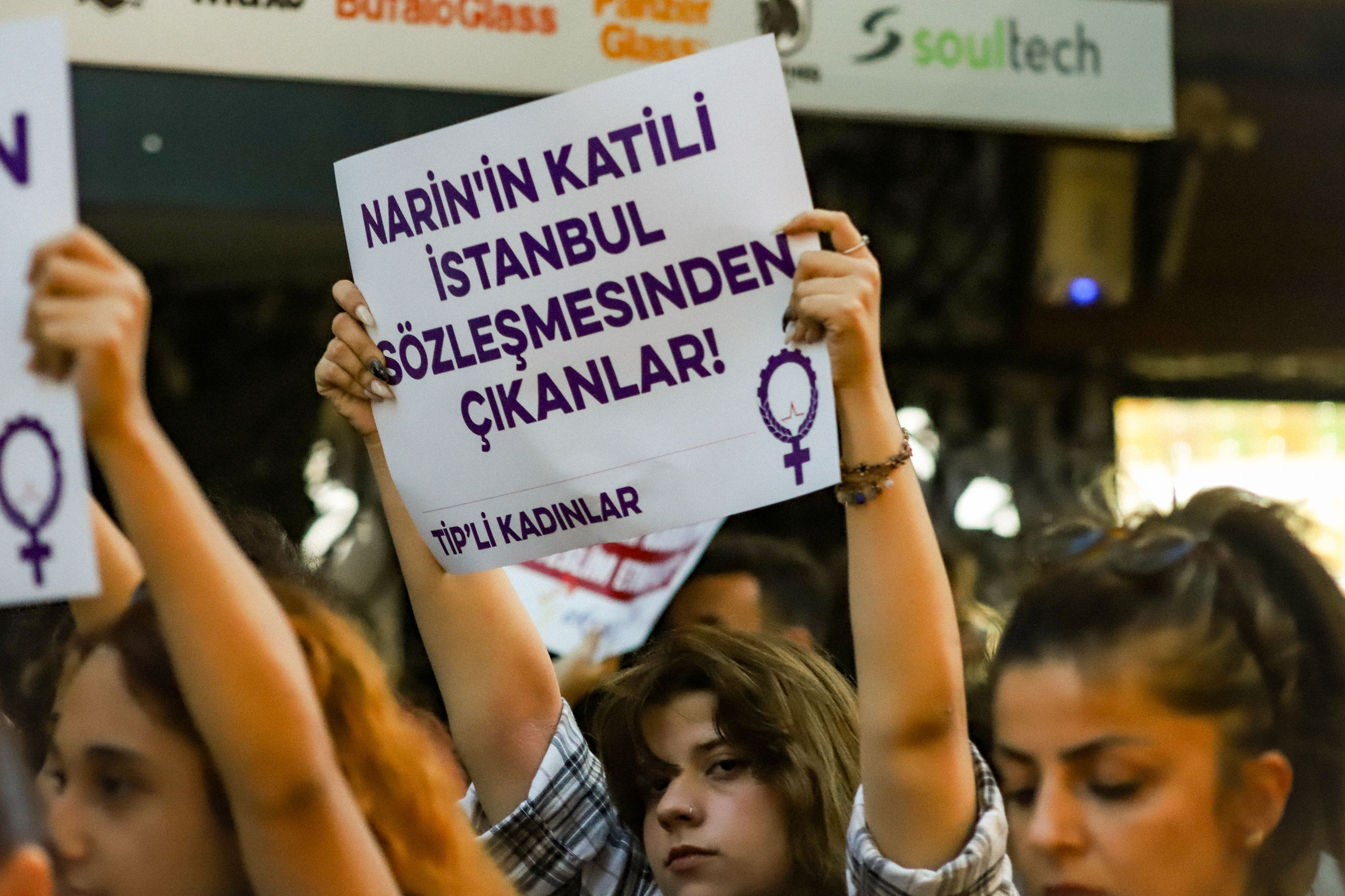 A powerful image of a women's rights protest in Turkey, featuring demonstrators holding signs advocating for gender equality.