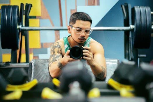 Man in gym environment capturing a selfie with camera lens amidst weightlifting equipment.