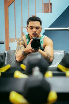 Photographer with tattoos taking a mirror selfie in gym surrounded by dumbbells.