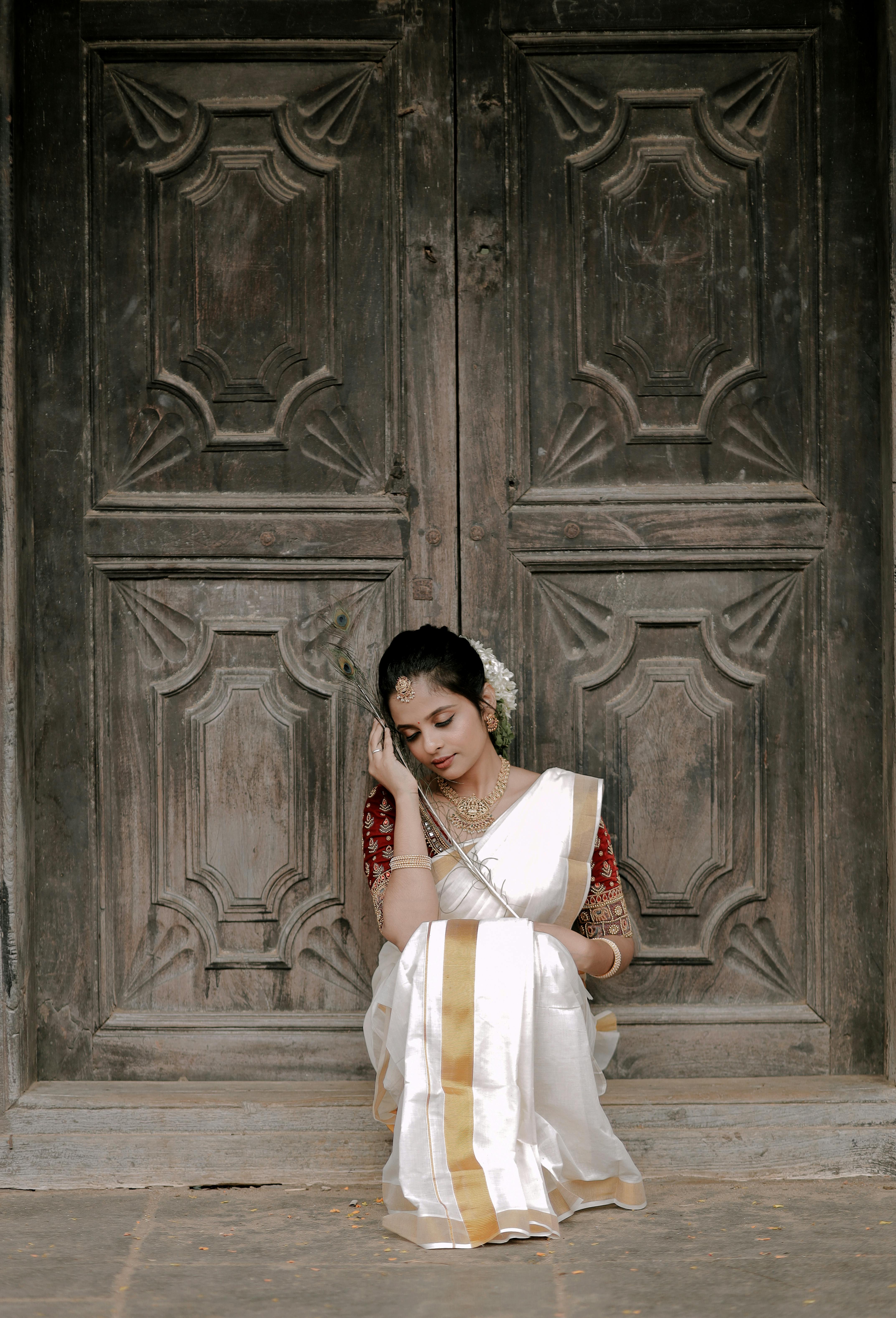 White Silk Saree with Golden Border