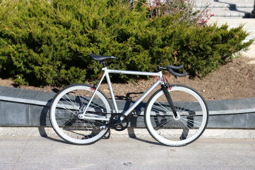 Stylish fixed-gear bicycle parked outdoors against green shrubs in sunny urban setting.