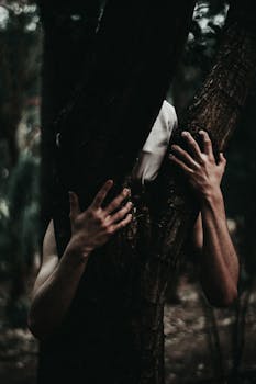 一个人躲在黑暗森林的树干后面，营造出一种怪异的氛围