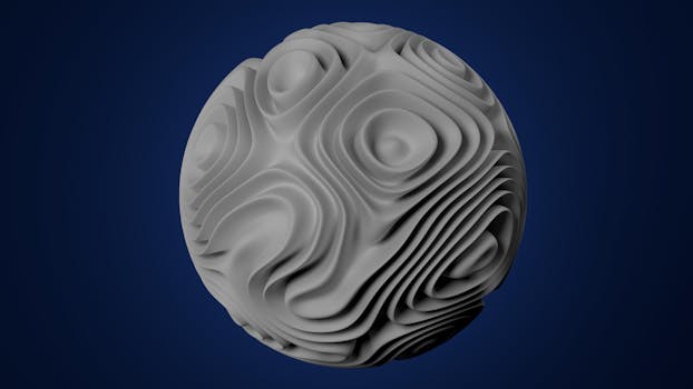A 3D gray spherical object with wavy texture, isolated on a deep blue background.