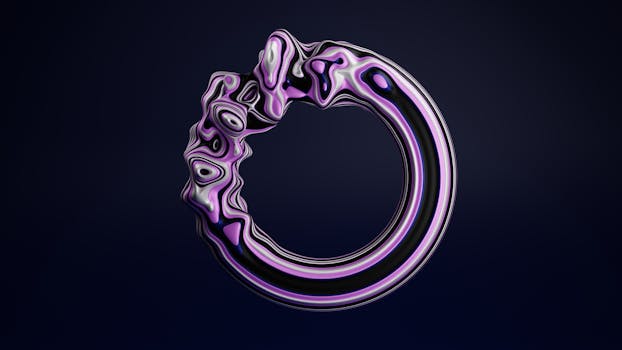 Abstract 3D ring with purple wavy textures on a dark background for creative design use.