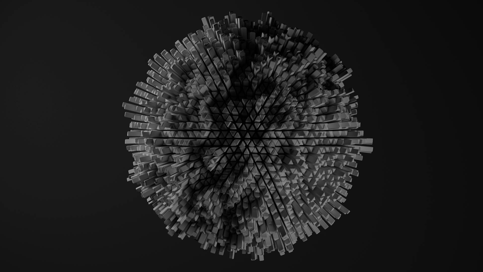 Monochrome 3D geometric shape with textured cubes on a dark background.