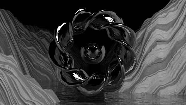 Monochrome abstract 3D landscape with a central twisted structure, offering a modern artistic feel.