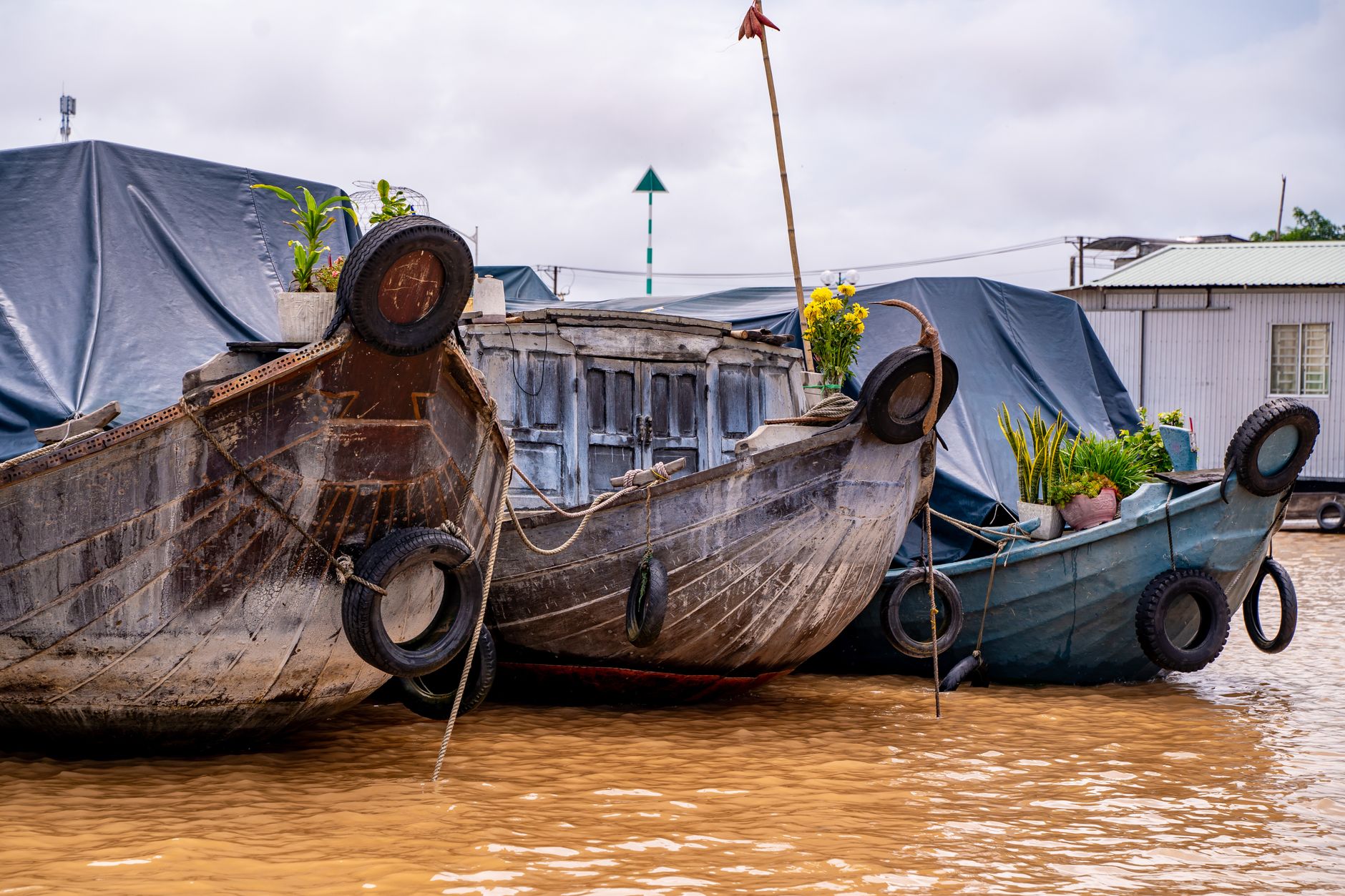 Rustic boats adorned with plants at the busy Mekong Delta floating market in Vietnam.