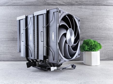 Detailed image of a high-performance CPU cooler next to a small plant, set indoors.