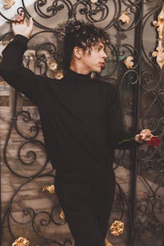 一位身着黑衣的男子优雅地倚在华丽大门旁，手持一朵红玫瑰，姿态时尚