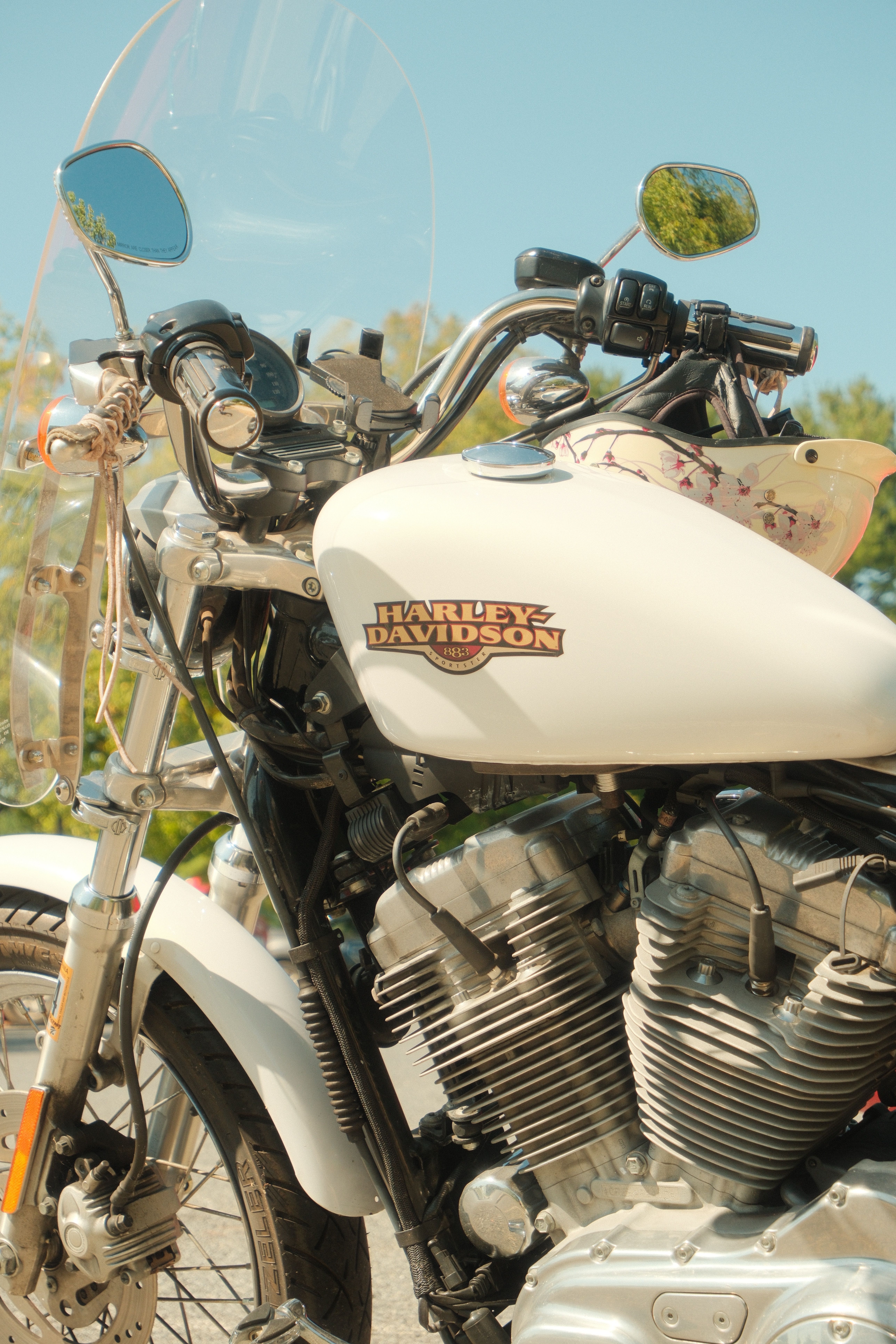 Close-up of a Harley Davidson motorcycle outdoors in sunny weather.
