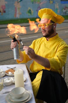 Chef in yellow attire using a culinary torch outdoors with dramatic flair.